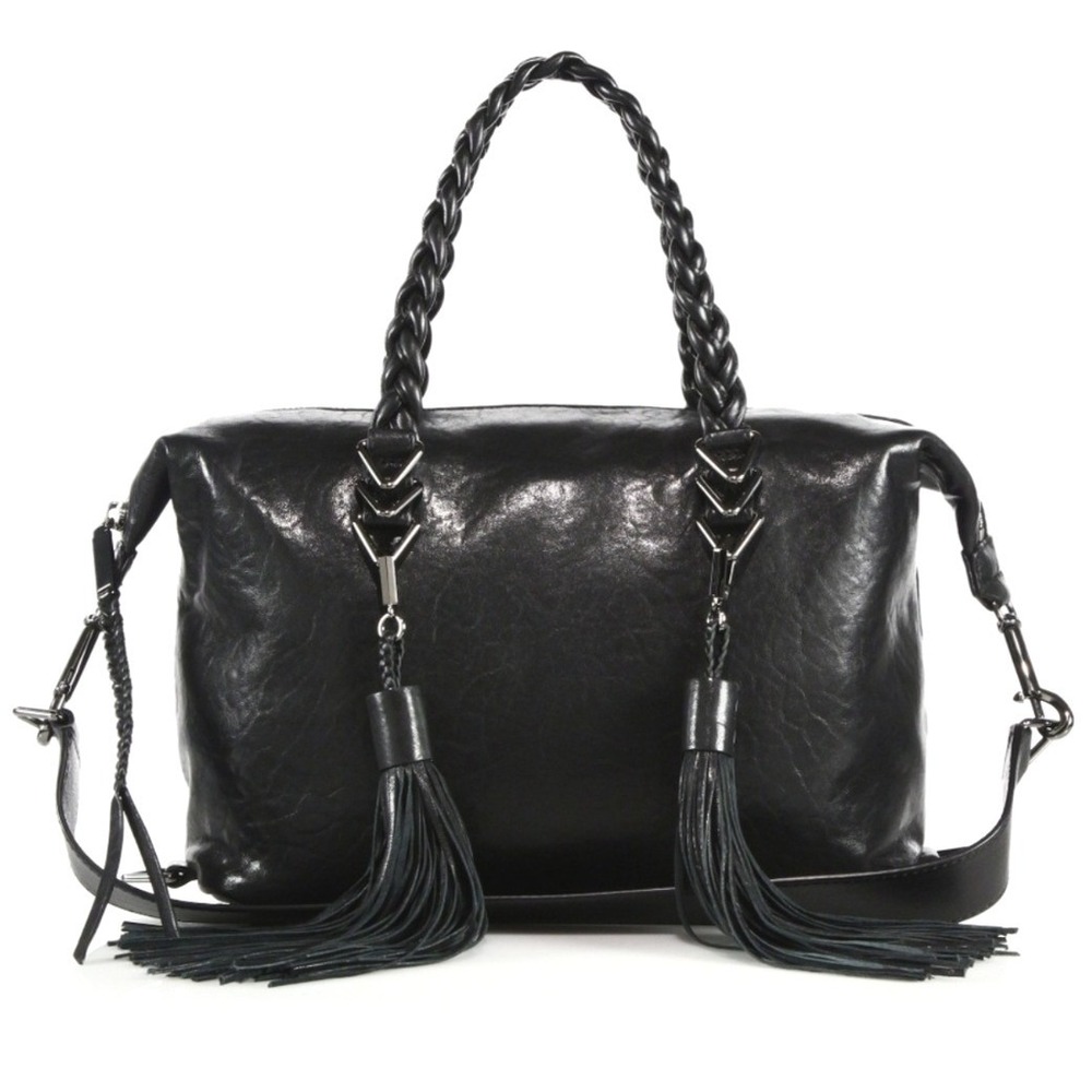 Rebecca Minkoff Black Leather Renee Satchel Handbag Braided Tassel Crossbody Bag
